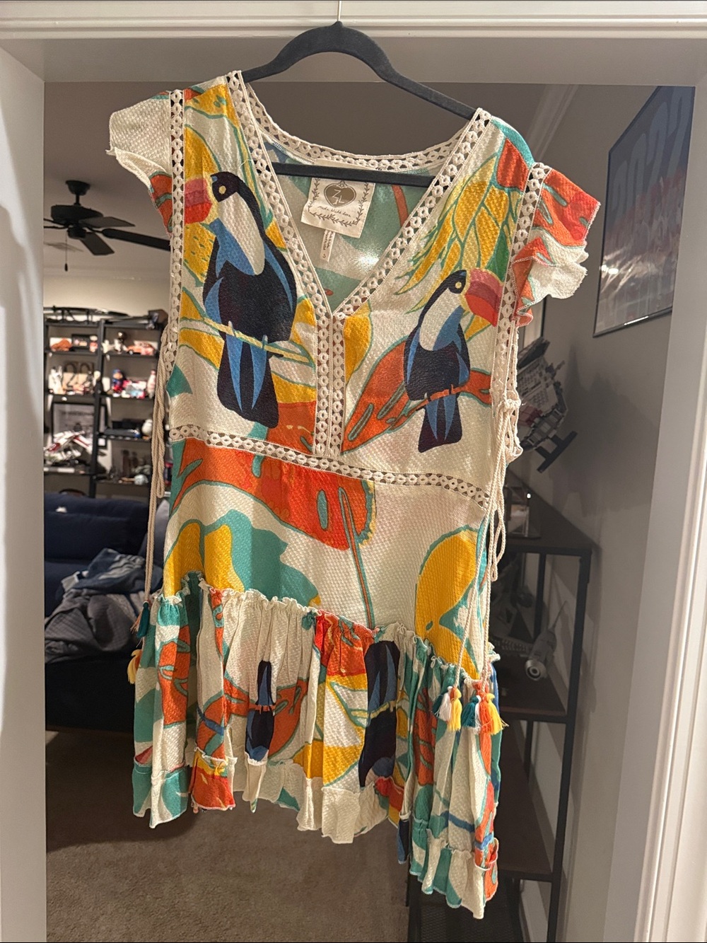 Tropical Toucan Print Sleeveless Tunic - Cream, Teal, Orange, Yellow